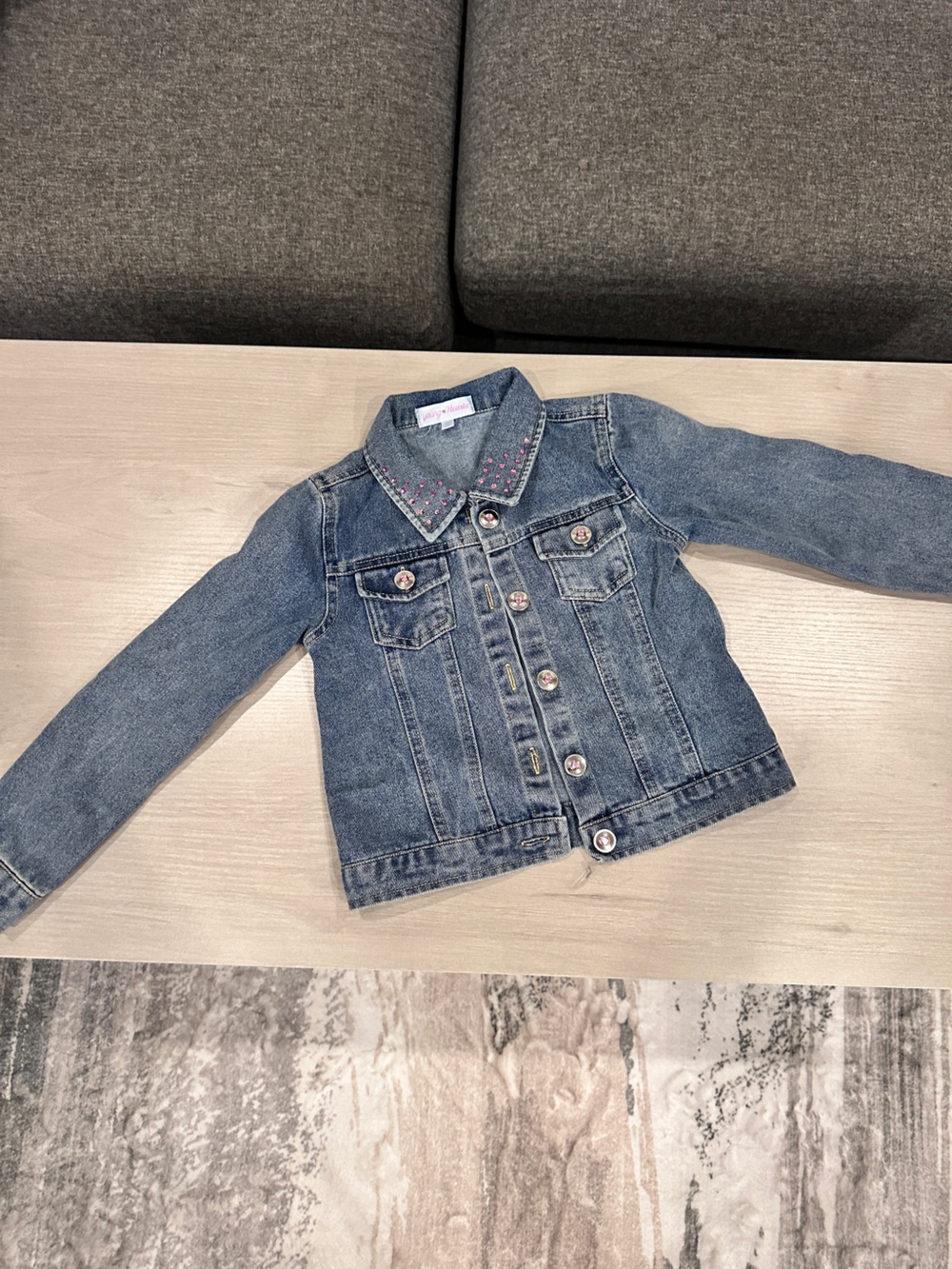 Girls' Blue Denim Jacket with Pink Stud Collar - Kids Jean Jacket